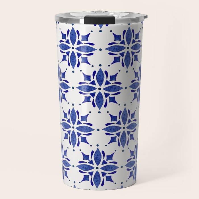Dark Blue Watercolor Tile Pattern Travel Mug Gallery Image 1
