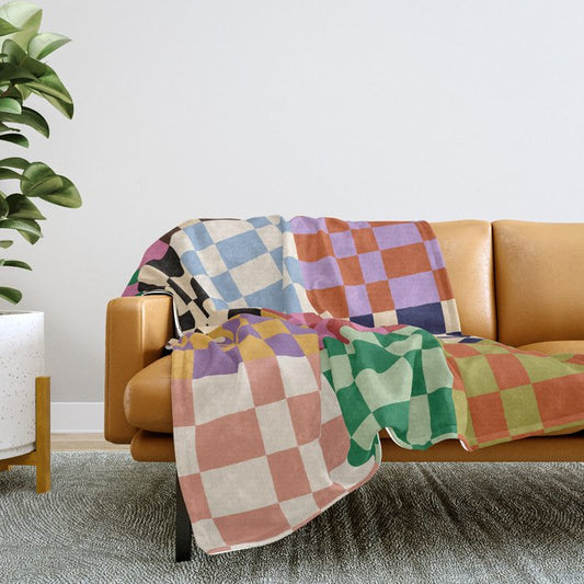 Retro 70s Colorful Patchwork Checkerboard Throw Blanket Gallery Image 2