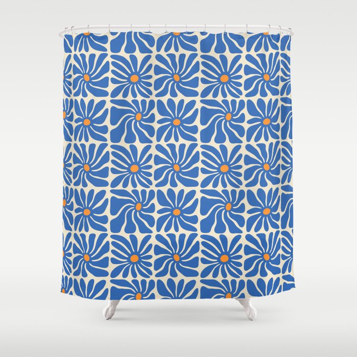 Vintage blue flower art pattern Shower Curtain Gallery Image 1
