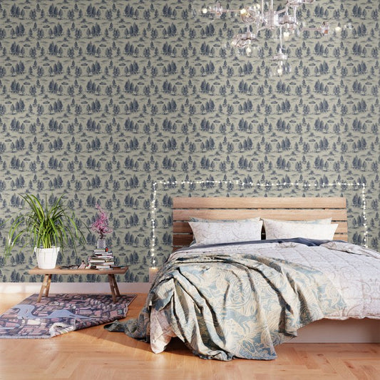 Alien Abduction Toile De Jouy Pattern in Blue Wallpaper Gallery Image 2