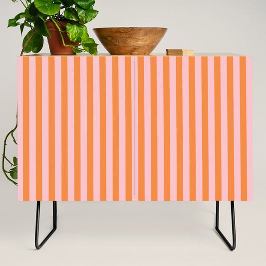 Narrow Stripes Vertical Pattern in Orange and Blush Pink Credenza Gallery Image 2