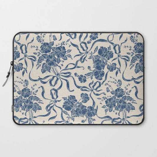 Chic Modern Vintage Ivory Navy Blue Floral Pattern Laptop Sleeve Gallery Image 2