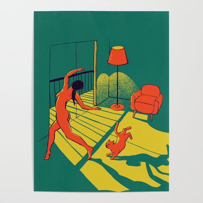 Dancing with the cat | Moody sunset light and shadows Aesthetic Green room Naked dance Femme Fatale Poster Gallery Image 3
