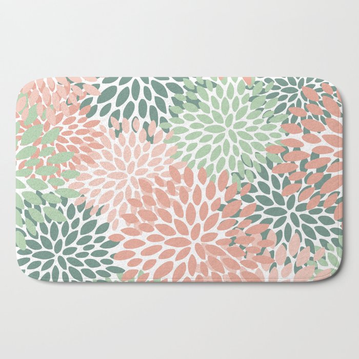 Festive, Abstract Floral Prints, Coral and Green Bath Mat Gallery Image 2