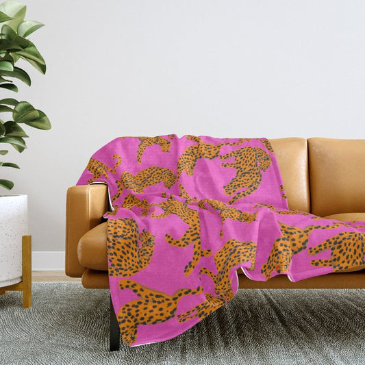 Abstract leopard with red lips illustration in fuchsia background Throw Blanket Gallery Image 2