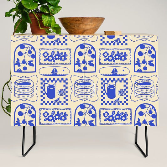 Blue summer vacation patchwork art pattern Credenza Gallery Image 2