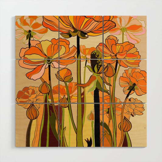 70s, Orange California poppies, mid century, 70s retro, flowers Wood Wall Art Gallery Image 2