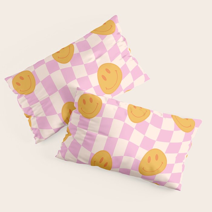Groovy Smiley Faces on Pastel Pink Twisted Checkerboard Pillow Sham Gallery Image 4