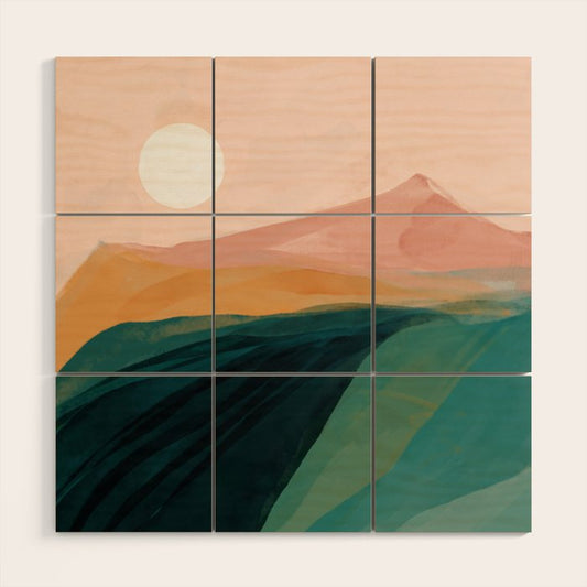 pink, green, gold moon watercolor mountains Wood Wall Art Gallery Image 2