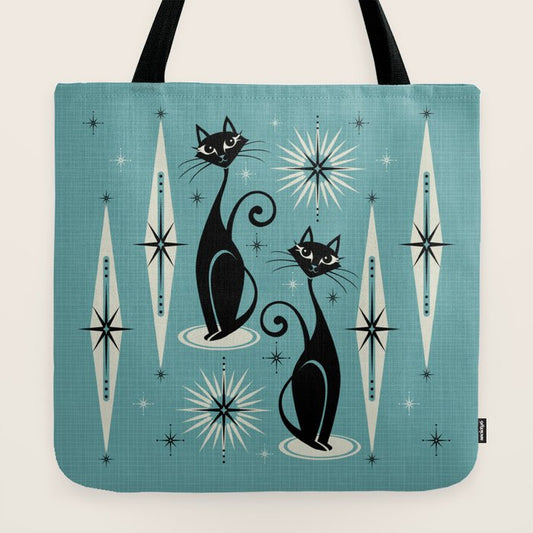 Mid Century Meow Retro Atomic Cats on Blue Tote Bag Gallery Image 2