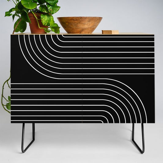 Minimal Line Curvature II Black and White Mid Century Modern Arch Abstract Credenza Gallery Image 2