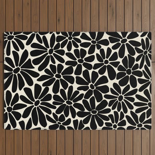Black and White Retro Floral Art Print Outdoor Rug Gallery Image 2