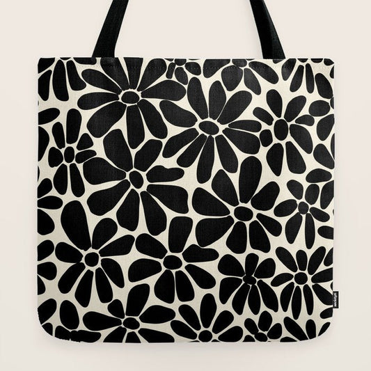 Black and White Retro Floral Art Print Tote Bag Gallery Image 2