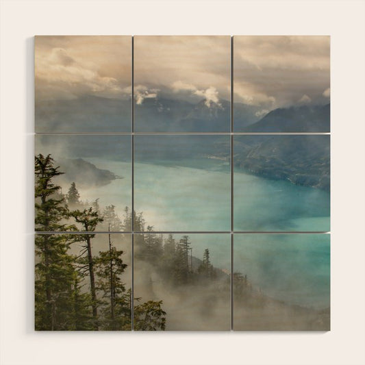 Morning sunshine over the clear mountain blue lake Wood Wall Art Gallery Image 2