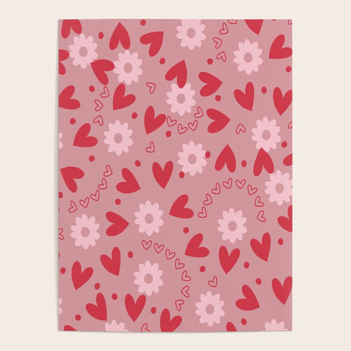 Hearts and Flowers on Tea Rose Pink Poster Gallery Image 3
