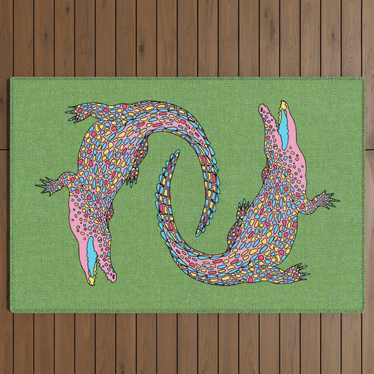 Crocodiles (Textured Green and Pink) Outdoor Rug Gallery Image 2