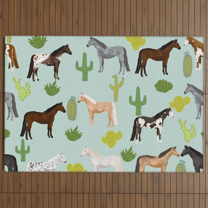 Horses Cactus - horse, cactus, western, texas, cowgirl, girl, cactus fabric, blanket, horse Outdoor Rug Gallery Image 4