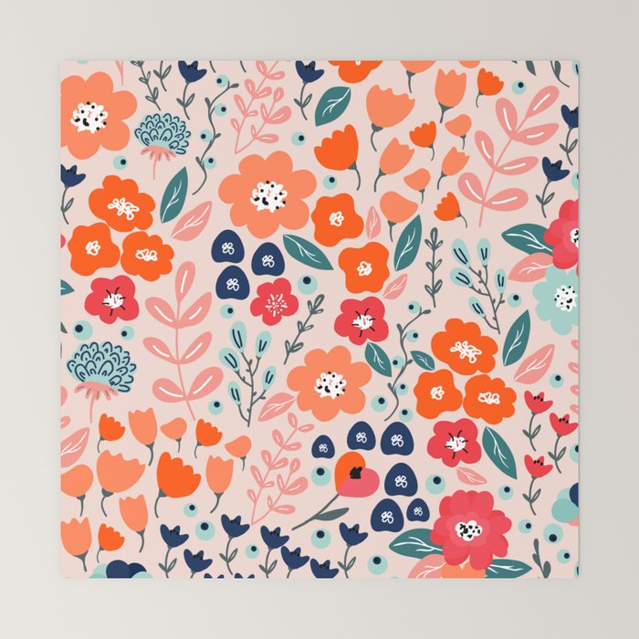 Ditsy Florals, Pink, Orange, Teal, Navy Mini Art Print Gallery Image 6