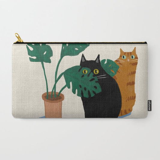 Black cat & orange tabby cat with Monstera plant Carry All Pouch Gallery Image 2