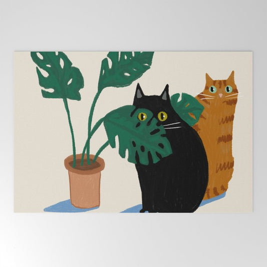 Black cat & orange tabby cat with Monstera plant Welcome Mat Gallery Image 2