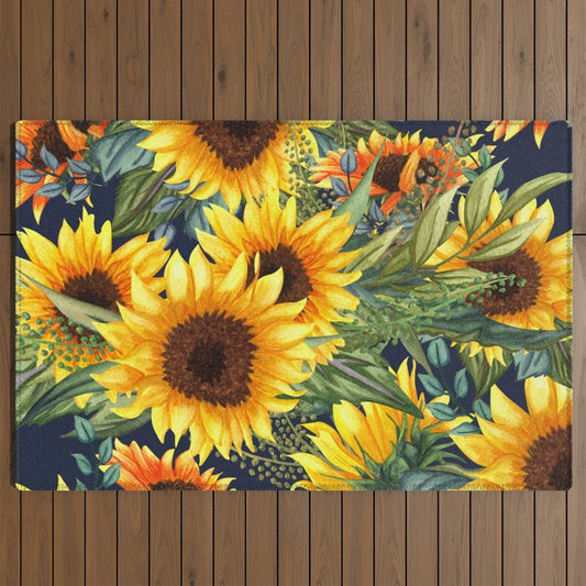 Festive, Sunflower, Yellow and Green on Navy Blue, Floral Prints Outdoor Rug Gallery Image 2