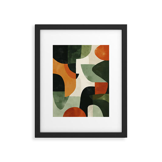 Earthy Mid-Century Abstract Composition in Olive, Rust, and Charcoal Tones Framed Art Print Gallery Image 2