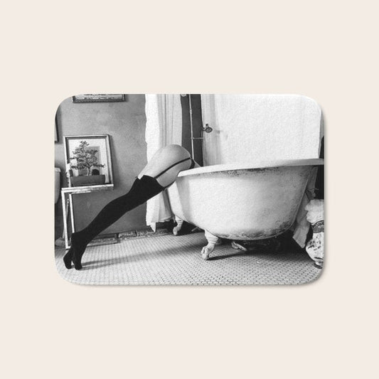 Head Over Heals - Female in Stockings in Vintage Parisian Bathtub black and white photography - photographs wall decor Bath Mat Gallery Image 1