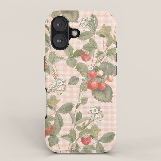 Vintage wild strawberries on cottage pink gingham pattern iPhone Case Gallery Image 1