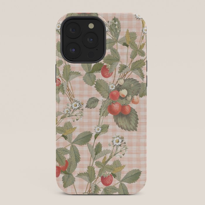 Vintage wild strawberries on cottage pink gingham pattern iPhone Case Gallery Image 36