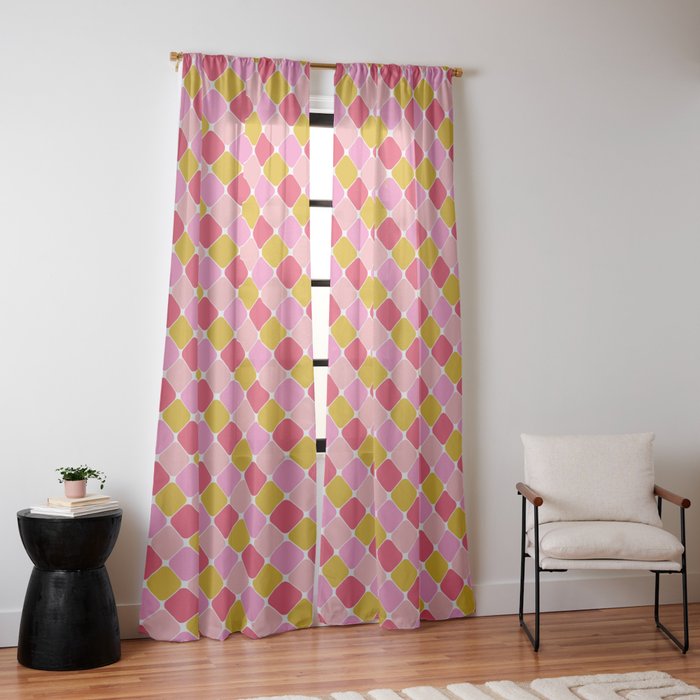 Checkered Geometric Shapes - Pink, Red, Yellow Window Curtain Gallery Image 10