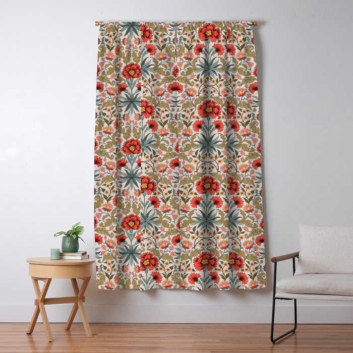 Victorian Botanicals - Carnations in Red and Green Window Curtain Gallery Image 1