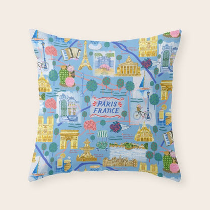 Paris France Map Illustration & Pattern in Blue Throw Pillow Gallery Image 5