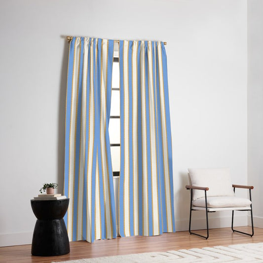 Vintage Cabana Stripe Pastel Blue And Gold Retro Coastal Beach Vibe Window Curtain Gallery Image 2
