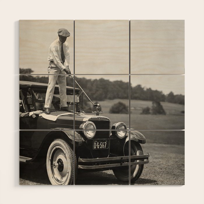 Golfer Teeing Off on Top of Car, Black and White, Old Photo, Vintage Golf Art Wood Wall Art Gallery Image 3