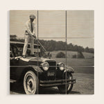 Golfer Teeing Off on Top of Car, Black and White, Old Photo, Vintage Golf Art Wood Wall Art Gallery Image 1