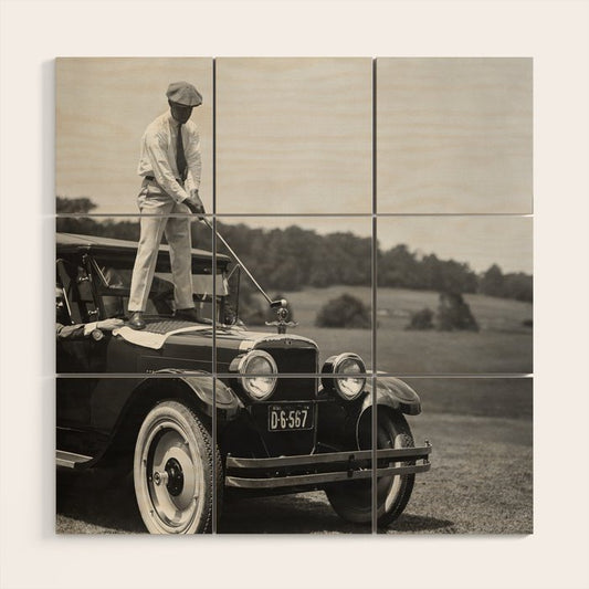 Golfer Teeing Off on Top of Car, Black and White, Old Photo, Vintage Golf Art Wood Wall Art Gallery Image 1