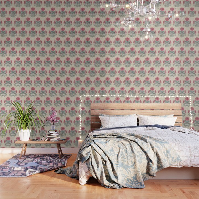 Marigold - pink and teal on linen Wallpaper Gallery Image 3