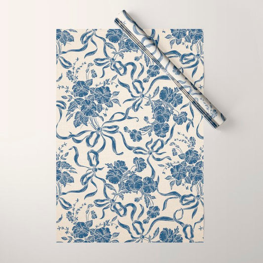Chic Modern Vintage Ivory Navy Blue Floral Pattern Wrapping Paper Gallery Image 1