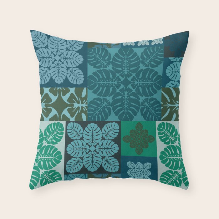 Hawaiian Monstera Quilt pattern Blues Throw Pillow Gallery Image 3