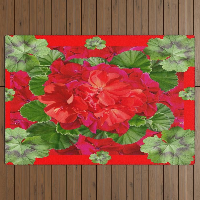 Decorative Red Flower Geraniums Green Leaves Abstract Outdoor Rug Gallery Image 3