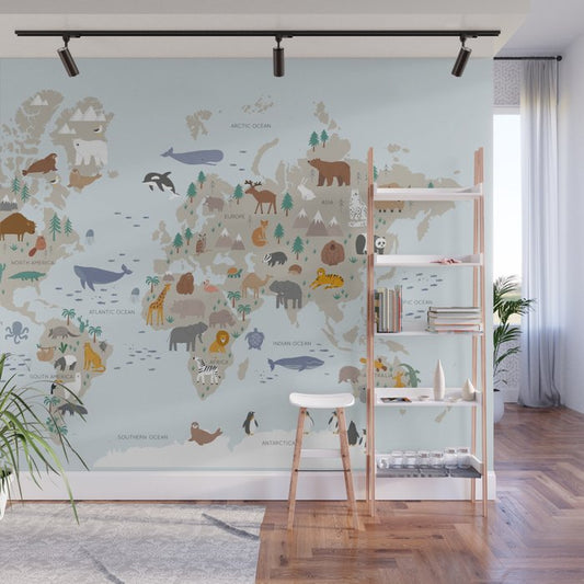 Animal World Map for Kids - Blue Wall Mural Gallery Image 1