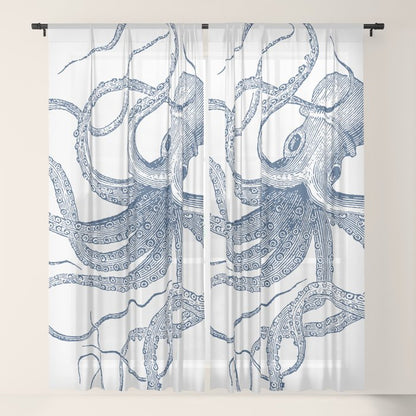 Blue nautical vintage octopus illustration Window Curtain Gallery Image 17