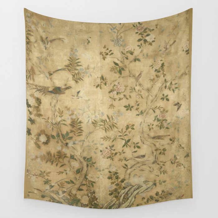 Antique 18th Century Chinoiserie Golden Garden Fresco 1740 Wall Tapestry Gallery Image 4