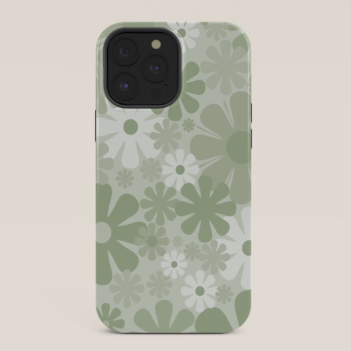 Retro 60s 70s Aesthetic Floral Pattern in Pretty Pastel Sage Green iPhone Case Gallery Image 36