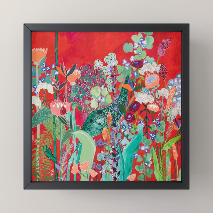 Red floral Jungle Garden Botanical featuring Proteas, Reeds, Eucalyptus, Ferns and Birds of Paradise Mini Art Print Gallery Image 3