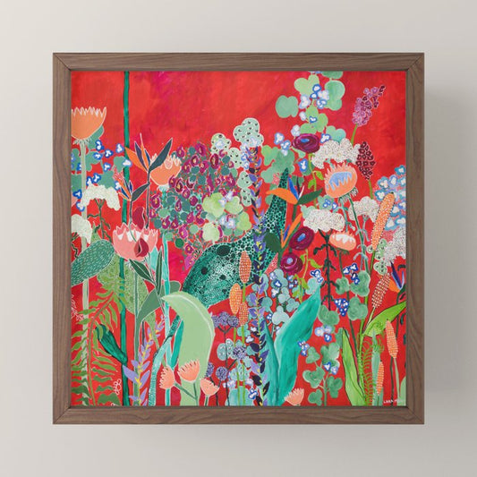 Red floral Jungle Garden Botanical featuring Proteas, Reeds, Eucalyptus, Ferns and Birds of Paradise Mini Art Print Gallery Image 2
