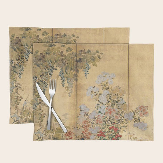 Japanese Edo Period Six-Panel Gold Leaf Screen - Spring and Autumn Flowers Placemat Gallery Image 1