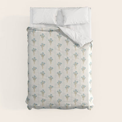 Delicate floral bouquets with vertical stripes - light blue peacock and moss green flowers pattern Comforter Gallery Image 8