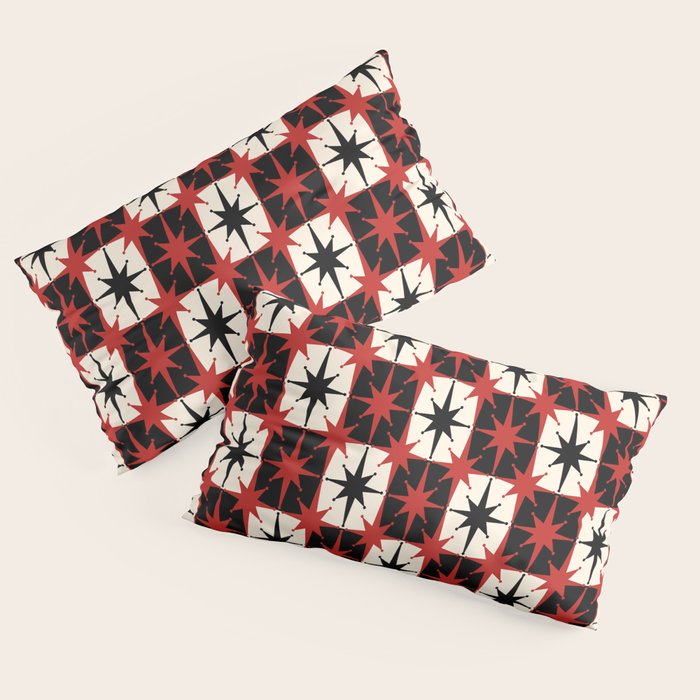 Mid Century Modern Atomic Stars Retro Checkered Starburst Pattern Black Cream Red Pillow Sham Gallery Image 2