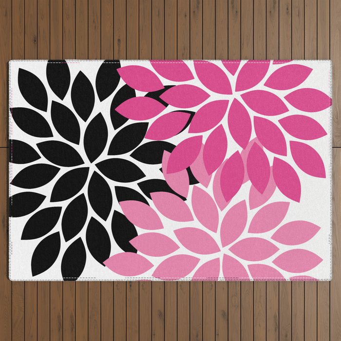Bold Colorful Hot Pink Black Dahlia Flower Burst Petals Outdoor Rug Gallery Image 3